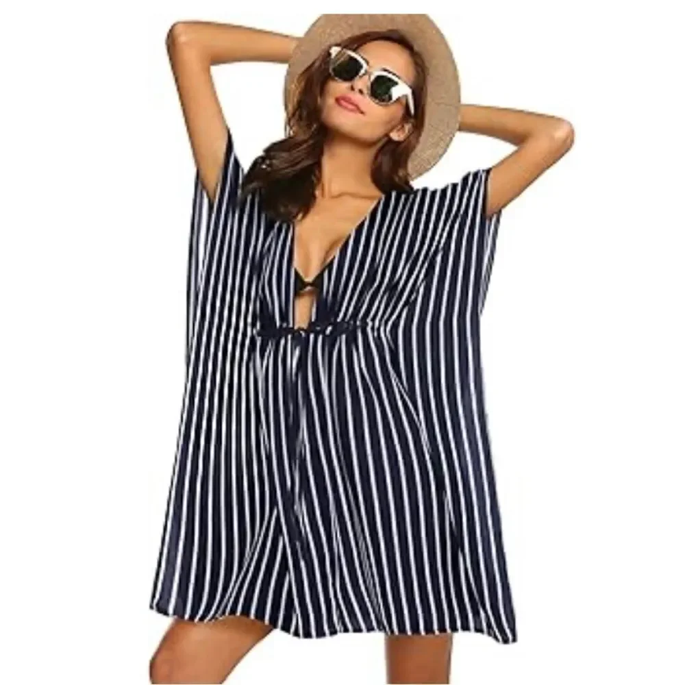 AvidLove navy blue and white striped swim cover up. Size small NWT